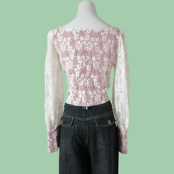 vintage square-neck , long-sleeves and white lace dropped top - Picture 3 of 4